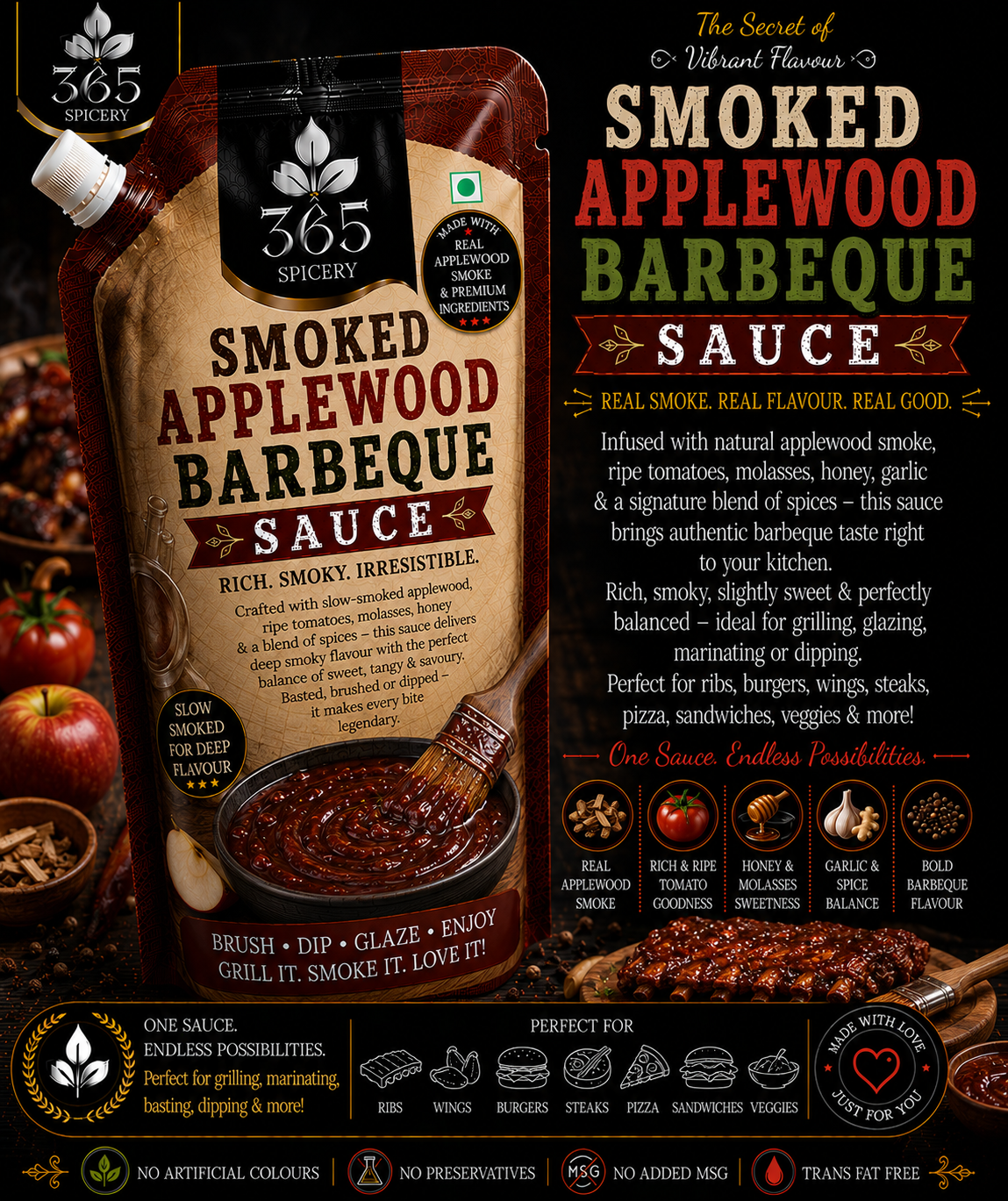 Smoked Applewood Barbeque Sauce Powder Mix | No Onion No Garlic | Jain-Friendly | Vegan | Natural Ingredients | 365 Spicery