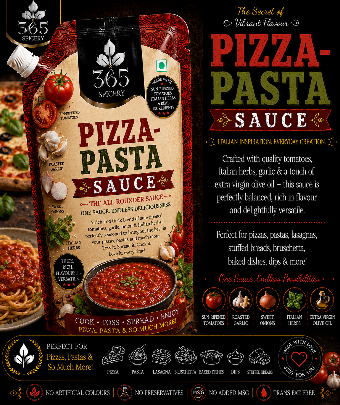 Pizza-Pasta Sauce Powder Mix | No Onion No Garlic | Jain-Friendly | No Artificial Colours | Authentic Italian Taste | 365 Spicery