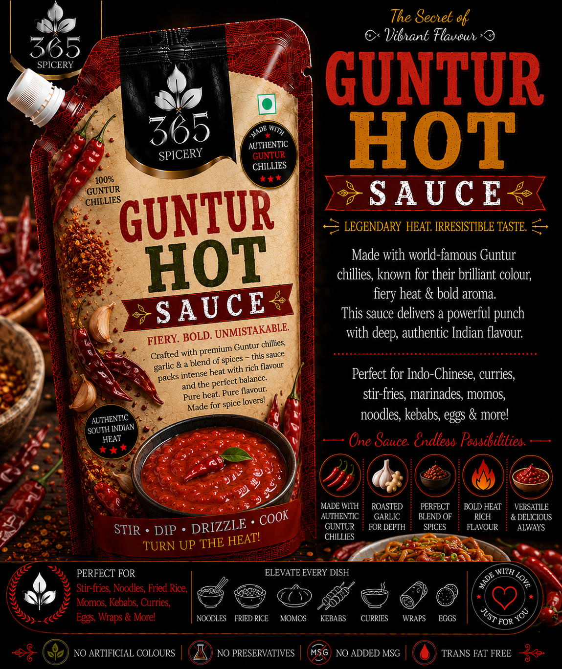Guntur Hot Sauce Powder Mix | No Onion No Garlic | Jain-Friendly | Spicy Gravy Base | Made in India | No MSG | 365 Spicery