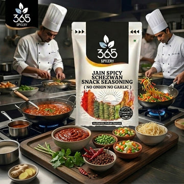 Jain Spicy Schezwan Snack Seasoning | No Onion No Garlic | Jain-Friendly | No Artificial Colours | Fries | 365 Spicery