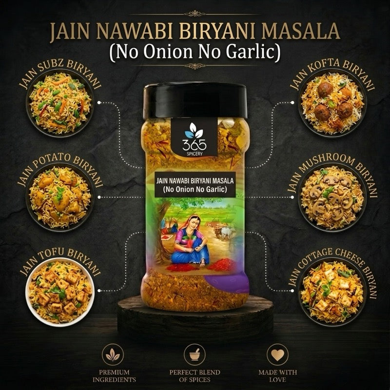 Jain Nawabi Biryani Masala | No Onion No Garlic | Jain-Friendly | Royal Rich Spice Mix | 365 Spicery