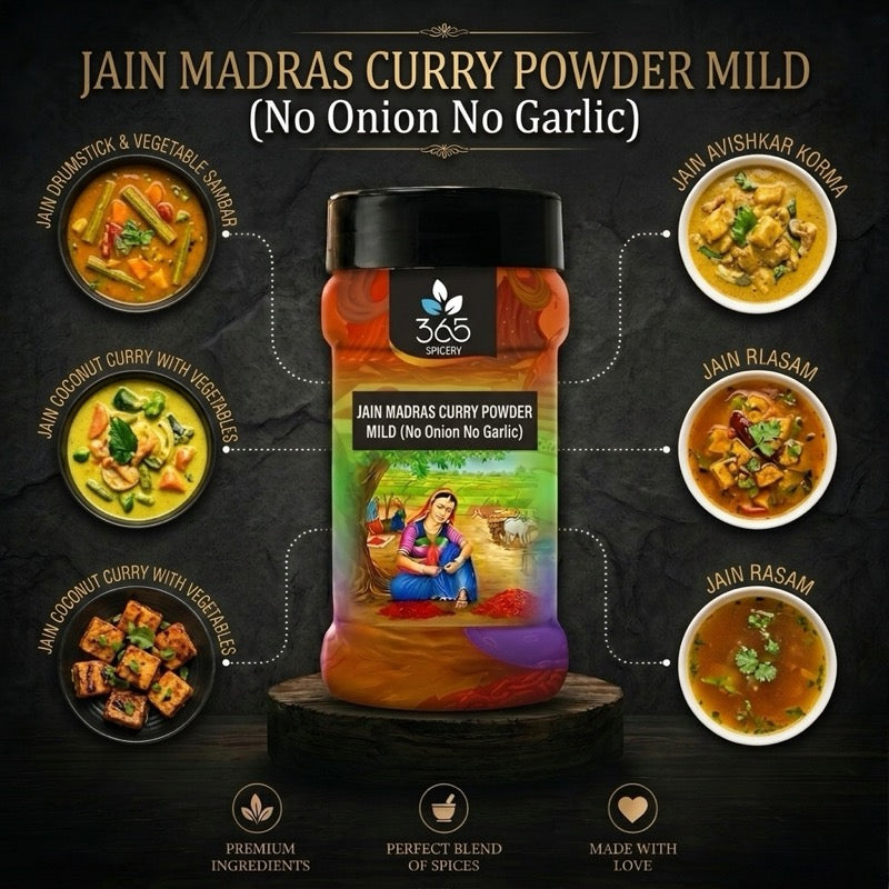 Jain Madras Curry Powder - Mild | No Onion No Garlic | Jain-Friendly | Balanced Spice Mix | Vegan | 365 Spicery