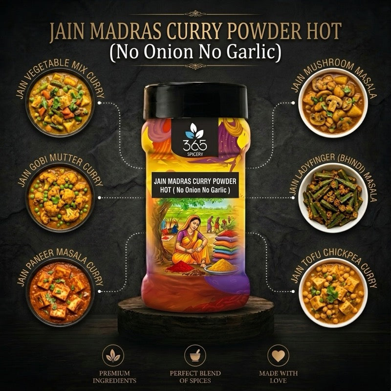 Jain Madras Curry Powder - Hot | No Onion No Garlic | Jain-Friendly | Bold Spices | Made in India | 365 Spicery