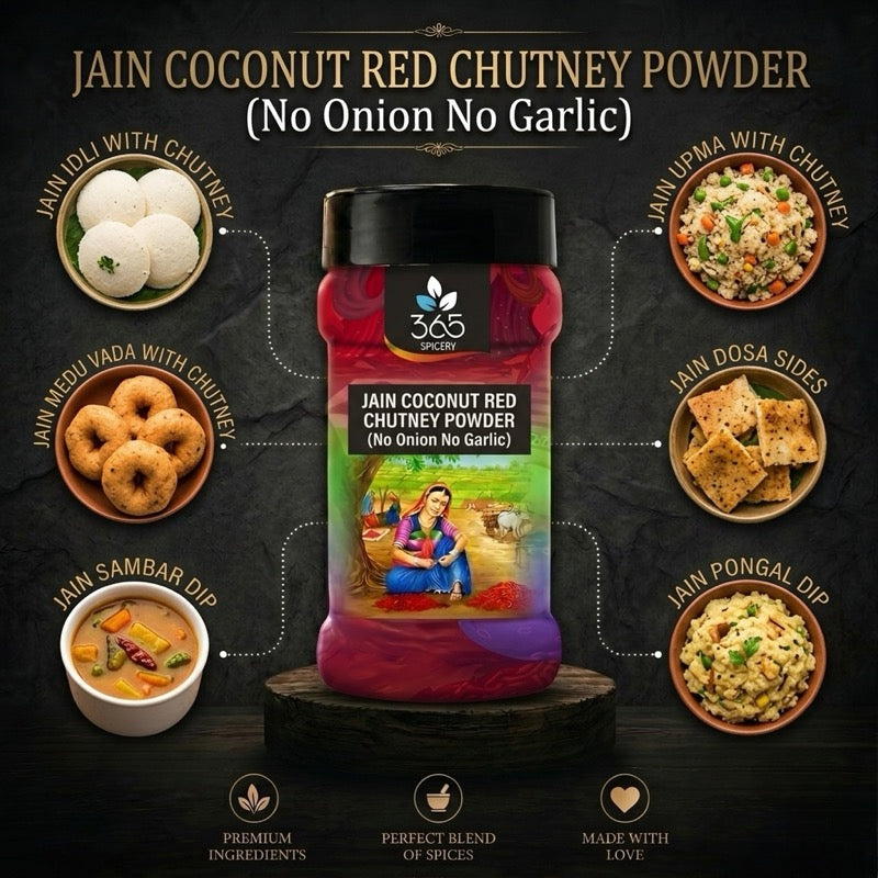 Jain Coconut Red Chutney Powder | No Onion No Garlic | Jain-Friendly | Premium Quality | South Indian | 365 Spicery