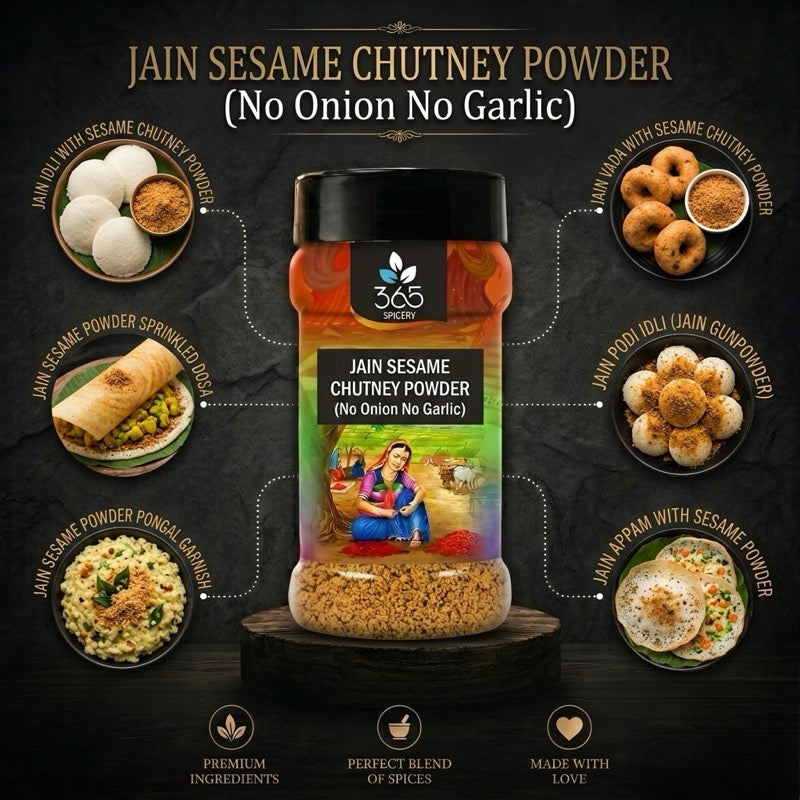 Jain Sesame Chutney Powder | No Onion No Garlic | Jain-Friendly | Vegan | Nutrient-Rich Idli Dosa Mix | 365 Spicery
