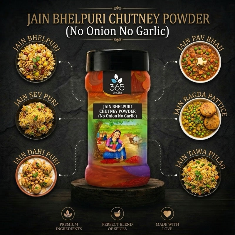 Jain Bhelpuri Chutney Powder | No Onion No Garlic | Jain-Friendly | No MSG | Tangy Indian Street Food | 365 Spicery