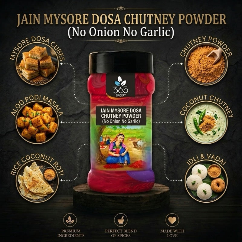 Jain Mysore Dosa Chutney Powder | No Onion No Garlic | Jain-Friendly | Authentic South Indian Blend | 365 Spicery