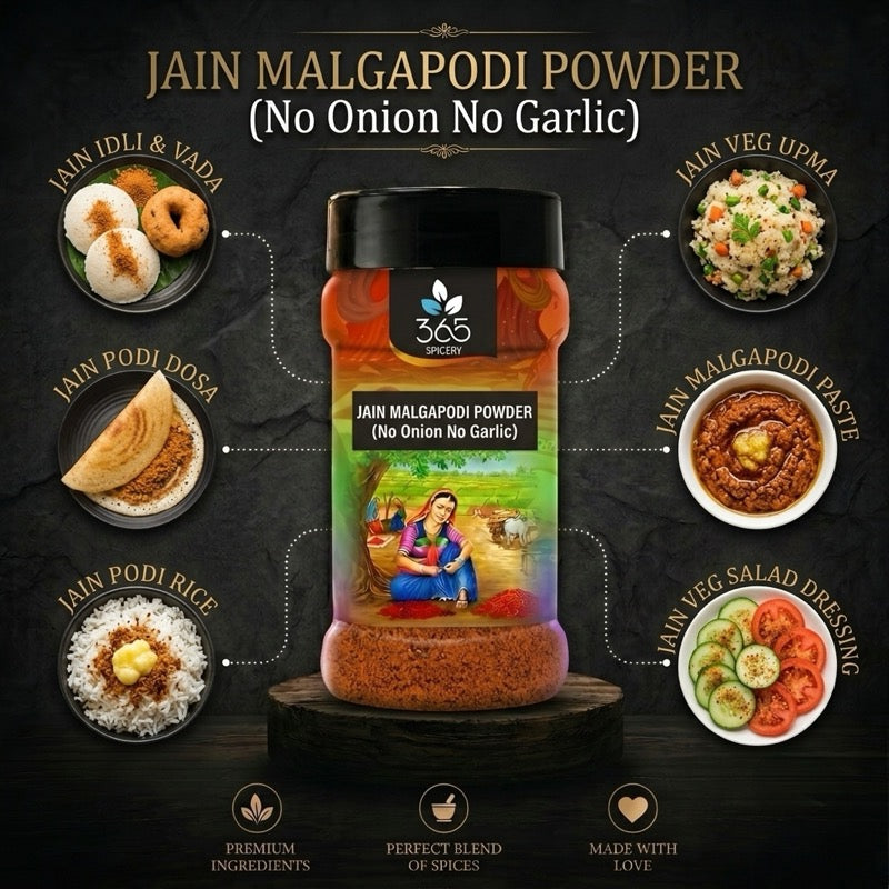 Jain Malgapodi Powder | No Onion No Garlic | Jain-Friendly | Gluten-Free | Authentic Idli Dosa Spice | 365 Spicery