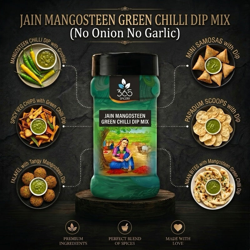 JAIN MANGOSTEEN GREEN CHILLI DIP MIX | No Onion No Garlic | Unique Tangy Blend | Vegan | 365 Spicery