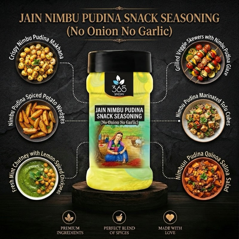 Jain Nimbu Pudina Snack Seasoning | No Onion No Garlic | Jain-Friendly | Gluten-Free | Refreshing Popcorn | 365 Spicery