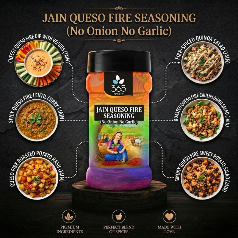 Jain Queso Fire Seasoning | No Onion No Garlic | Jain-Friendly | No Artificial Colours | For Snacks | 365 Spicery