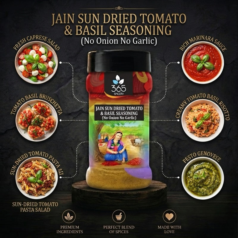 Jain Sun Dried Tomato & Basil Seasoning | Gourmet Herb Mix | No Onion No Garlic | Jain-Friendly | 365 Spicery