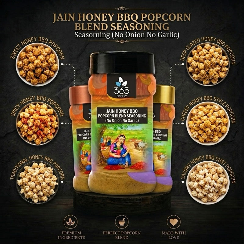 Jain Honey BBQ Popcorn Blend | Sweet & Smoky | No Onion No Garlic | Vegan | Jain-Friendly | 365 Spicery