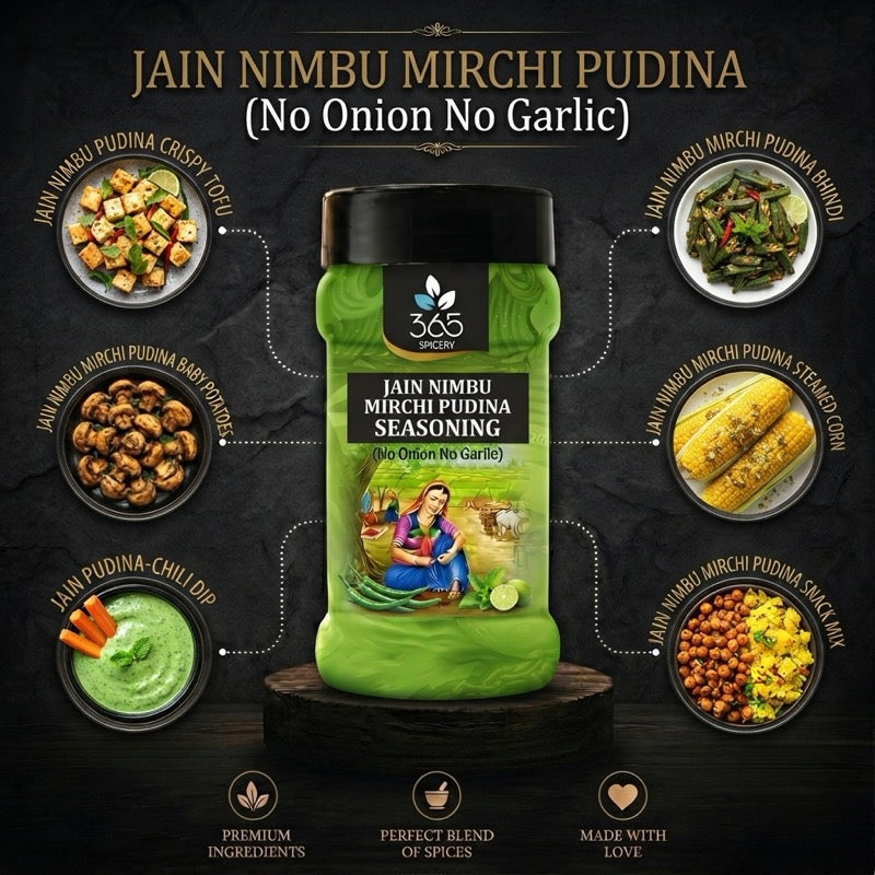 Jain Nimbu Mirchi Pudina Seasoning | No Onion No Garlic | Jain-Friendly | No MSG | For Snacks | 365 Spicery