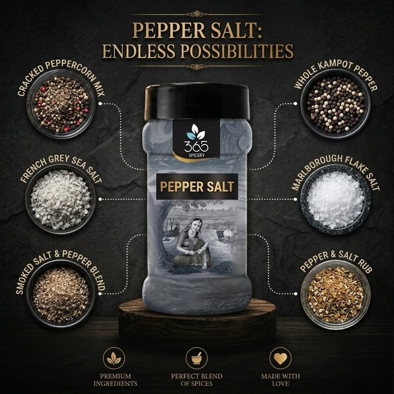 Pepper Salt | Classic Table Seasoning | Premium Quality Black Peppercorns | Vegan | 365 Spicery