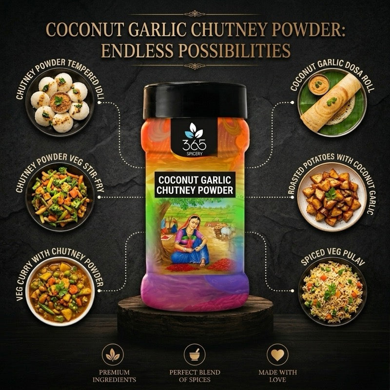 Coconut Garlic Chutney Powder | Aromatic & Spicy Condiment | Natural Ingredients | 365 Spicery