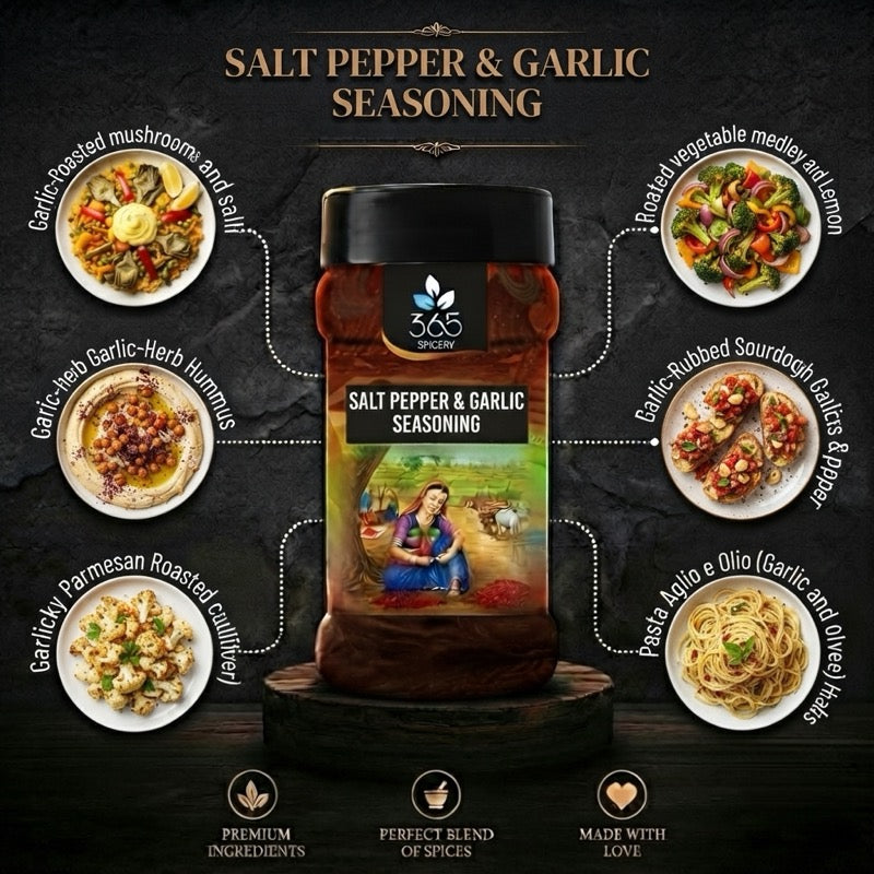 Salt Pepper & Garlic Seasoning | Classic Gourmet Table Blend | Natural Ingredients | Vegan | 365 Spicery