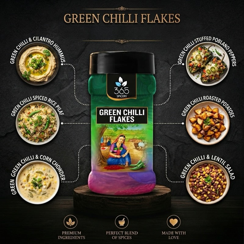 GREEN CHILLI FLAKES | Fresh Tangy Heat for Seasoning & Dips | Gluten-Free | No MSG | No Artificial Flavours | 365 Spicery