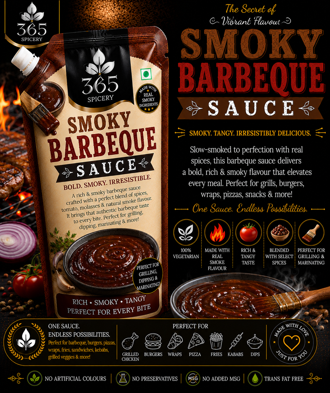 Smoky Barbeque Sauce Powder Mix | Jain-Friendly No Onion No Garlic | Natural Ingredients | Vegan | 365 Spicery