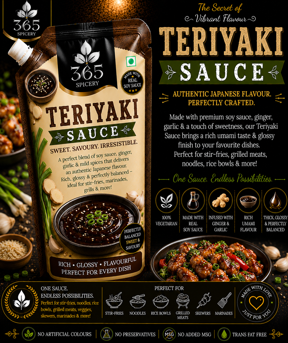 Teriyaki Sauce Powder Mix | Jain-Friendly No Onion No Garlic | Gluten-Free | No Artificial Flavours | 365 Spicery
