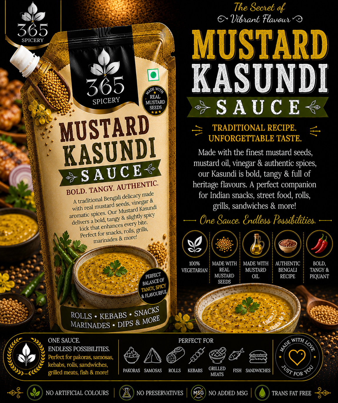 Mustard Kasundi Sauce Powder Mix | Jain-Friendly No Onion No Garlic | Natural Ingredients | No Artificial Colours | 365 Spicery