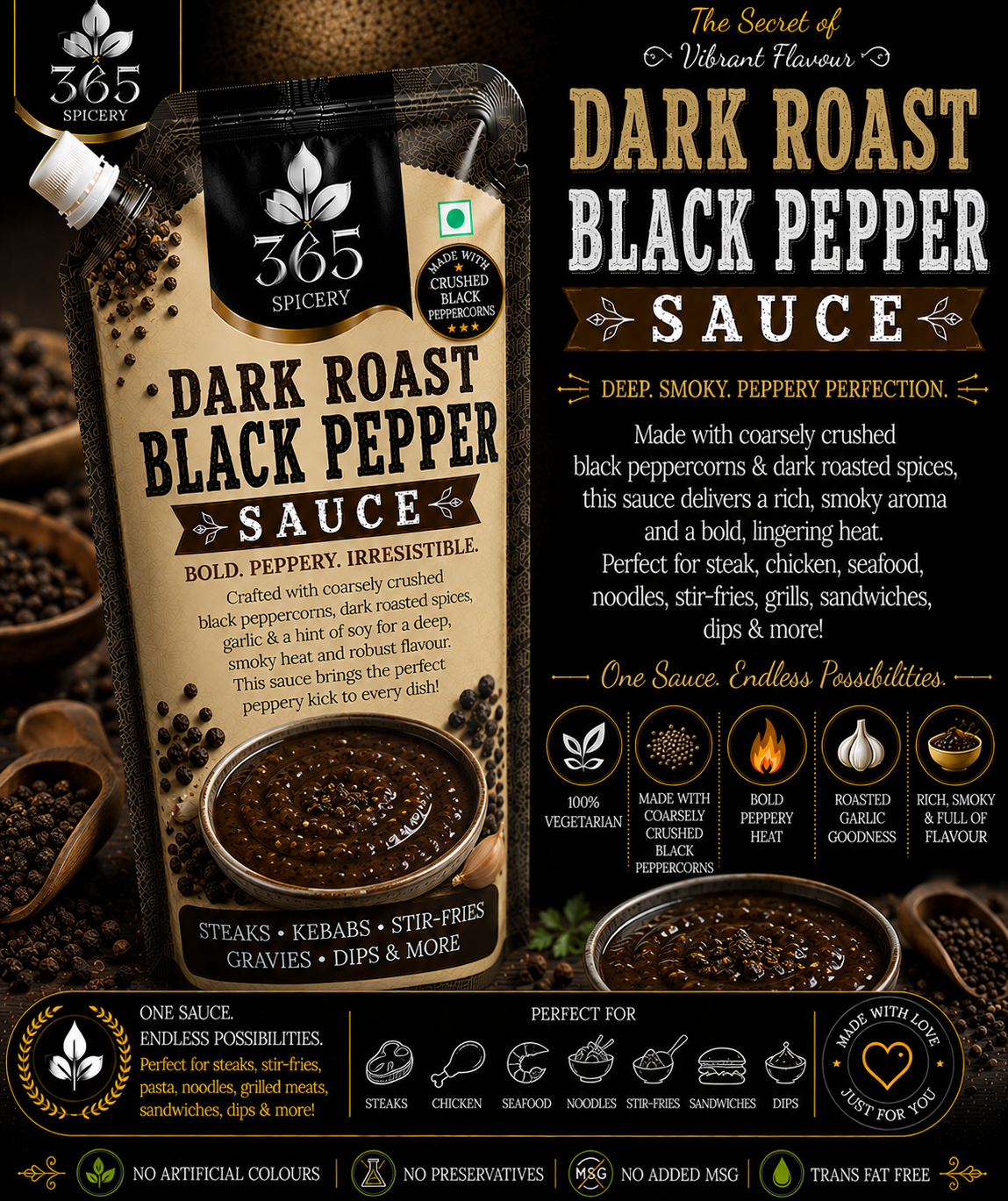 Dark Roast Black Pepper Sauce Powder Mix | Jain-Friendly No Onion No Garlic | Premium Quality | No MSG | 365 Spicery