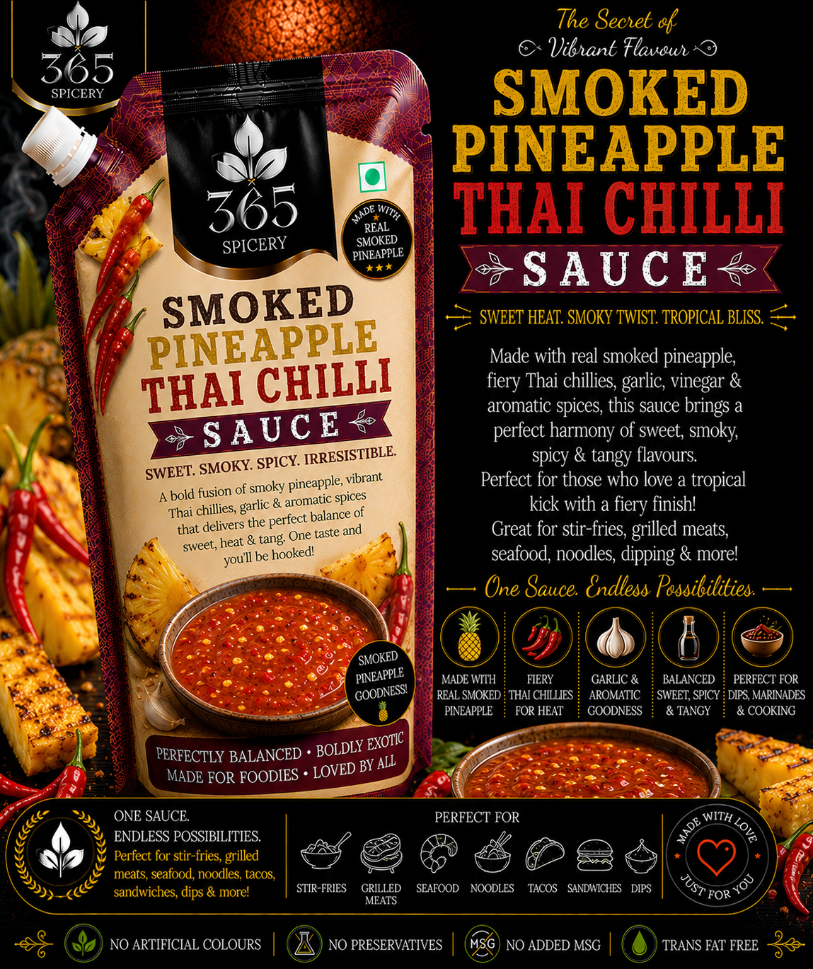 Smoked Pineapple Thai Chilli Sauce Powder Mix | Jain-Friendly No Onion No Garlic | Vegan | 365 Spicery