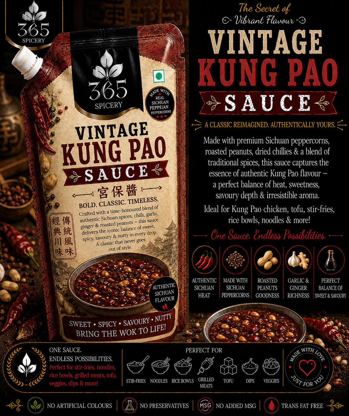 Vintage Kung Pao Sauce Powder Mix | Jain-Friendly No Onion No Garlic | Gluten-Free | No Artificial Colours | 365 Spicery