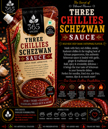 Three Chillies Schezwan Sauce Powder Mix | Jain-Friendly No Onion No Garlic | Vegan | No MSG | 365 Spicery