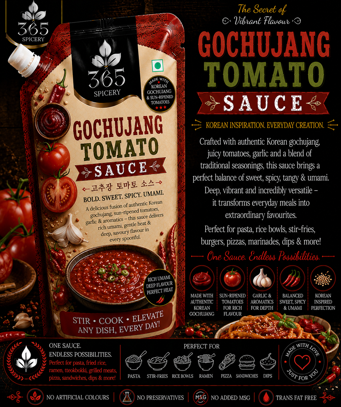 Gochujang Tomato Sauce Powder Mix | Jain-Friendly No Onion No Garlic | Natural Ingredients | Premium Quality | 365 Spicery