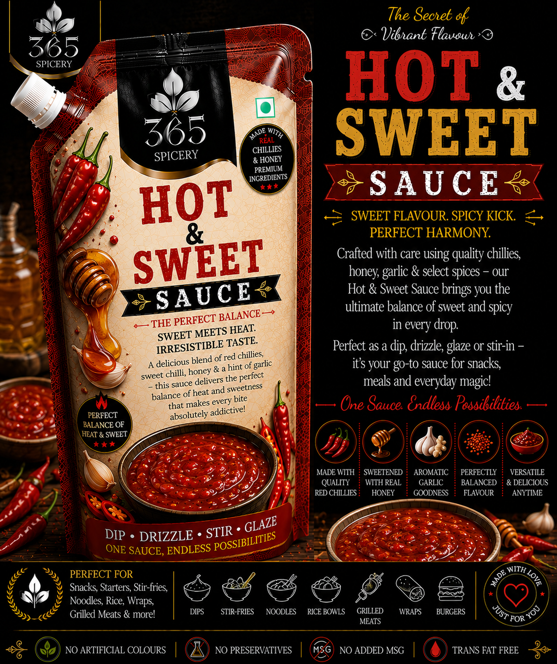 Hot & Sweet Sauce Powder Mix | No Onion No Garlic | Jain-Friendly | Gluten-Free | Premium Quality Stir-Fry Base | 365 Spicery