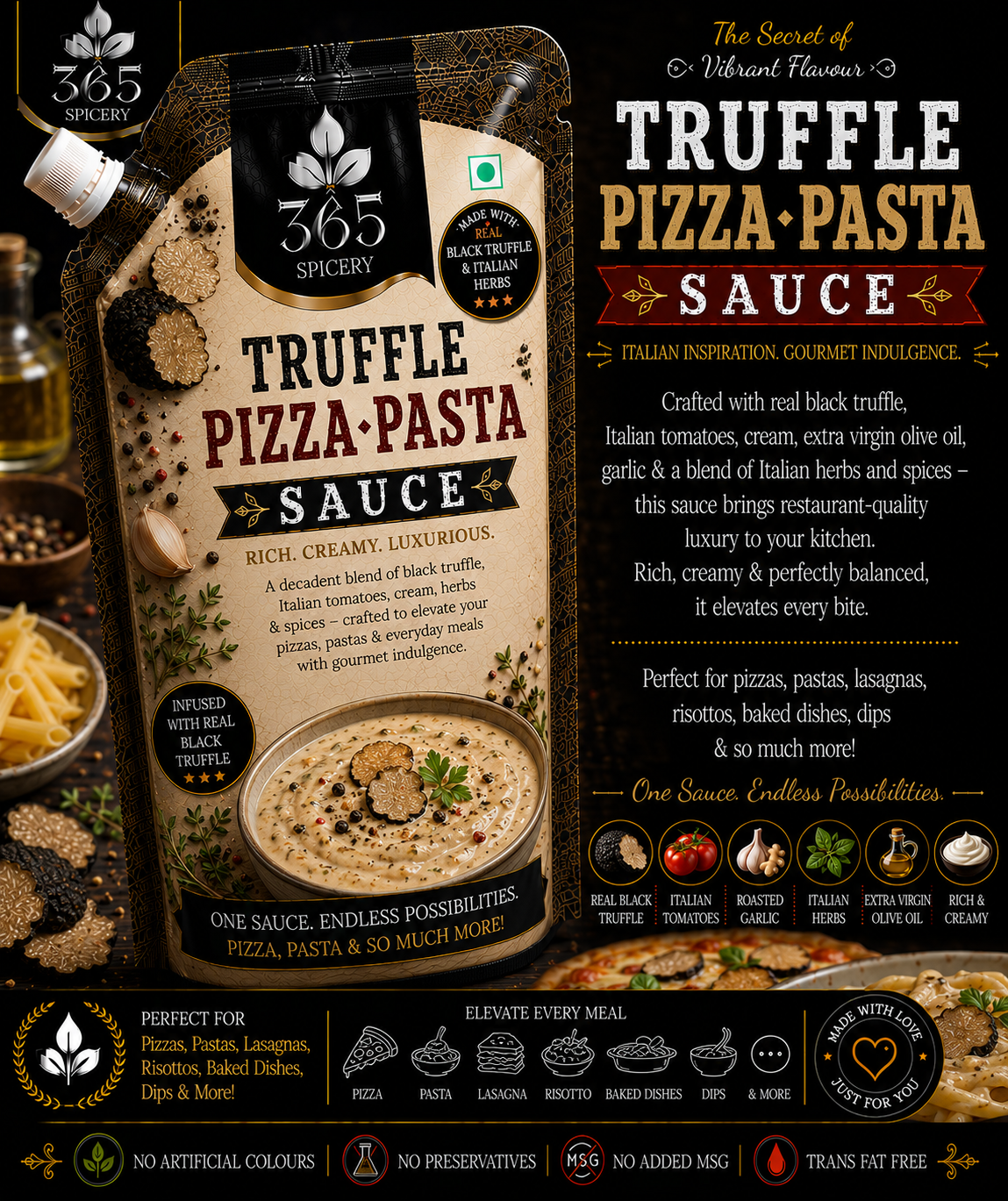 Truffle Pizza Pasta Sauce Powder Mix | No Onion No Garlic | Jain-Friendly | Gourmet Flavour | No Artificial Flavours | 365 Spicery