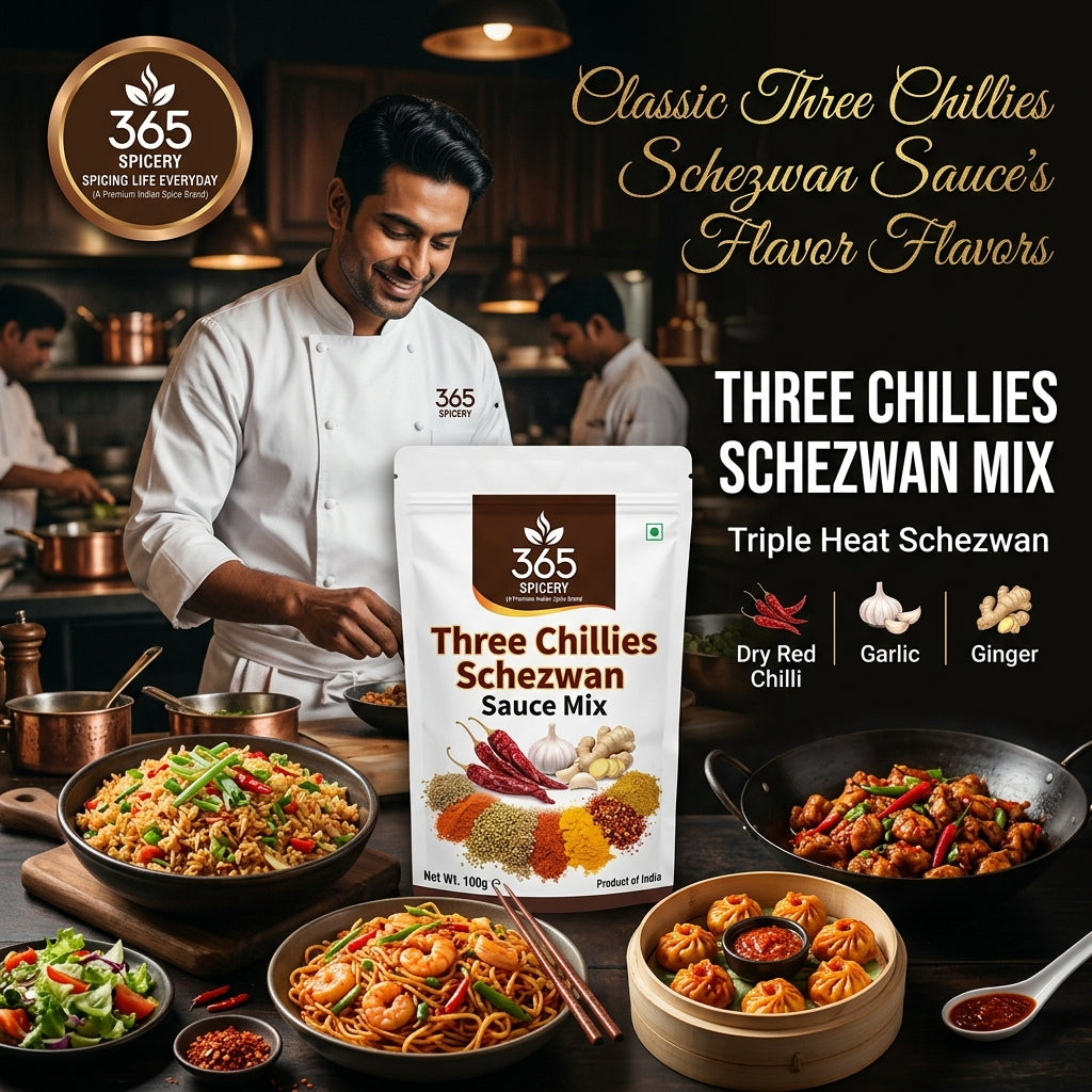 Three Chillies Schezwan Sauce Powder Mix | Jain-Friendly No Onion No Garlic | Vegan | No MSG | 365 Spicery