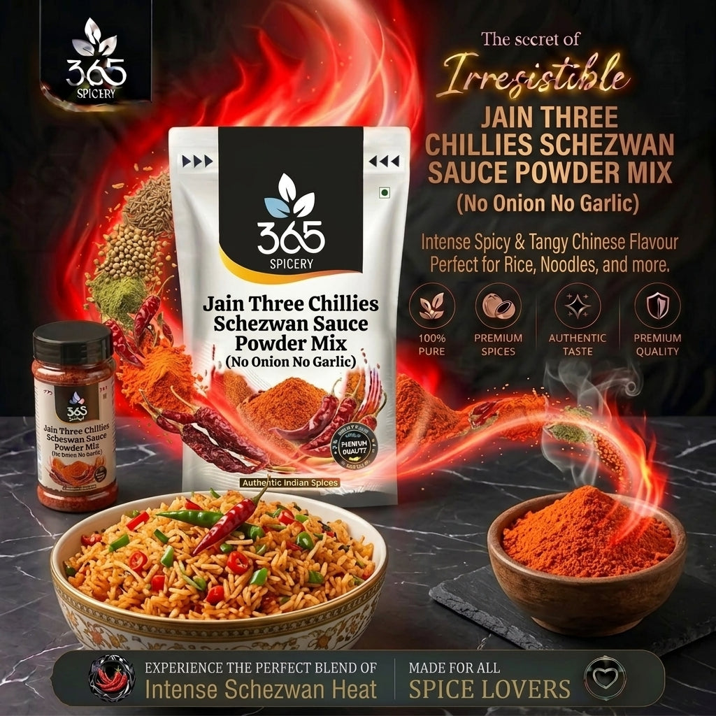 Jain Three Chillies Schezwan Sauce Powder Mix | No Onion No Garlic | Vegan | No MSG | 365 Spicery