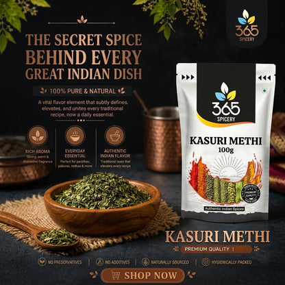 Kasuri Methi | Premium Dried Fenugreek Leaves | Natural Ingredients | Vegan | Aromatic Finishing Spice | 365 Spicery