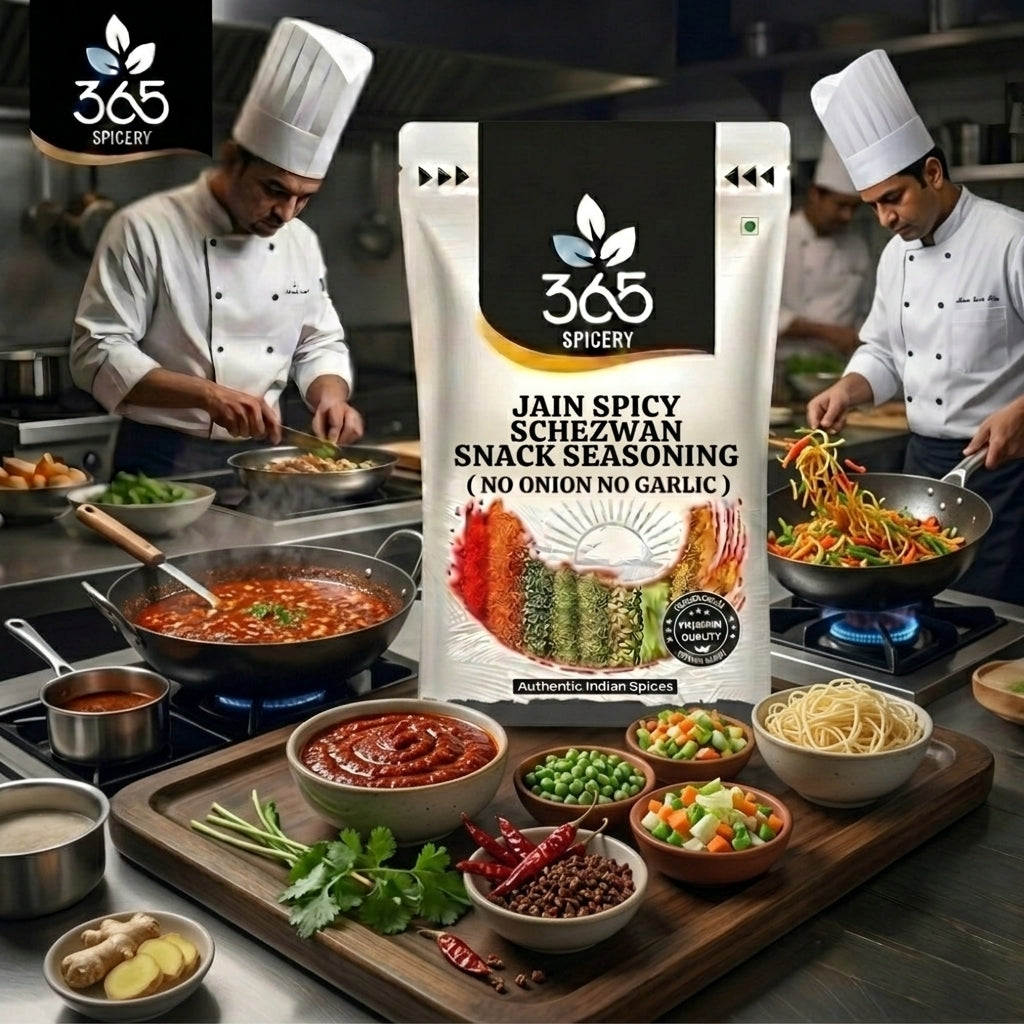 Jain Spicy Schezwan Snack Seasoning | No Onion No Garlic | Jain-Friendly | No Artificial Colours | Fries | 365 Spicery