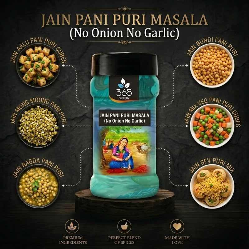Jain Pani Puri Masala | No Onion No Garlic | Jain-Friendly | Tangy Water Spice Blend | 365 Spicery