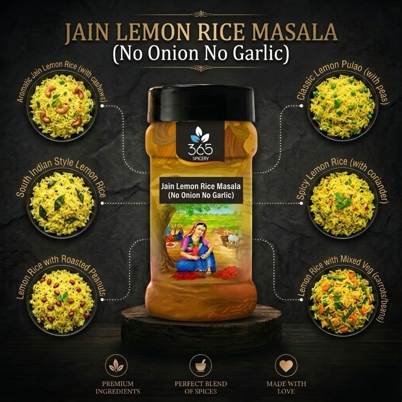 Jain Lemon Rice Masala | No Onion No Garlic | Jain-Friendly | Zesty Tangy Spice Blend | 365 Spicery