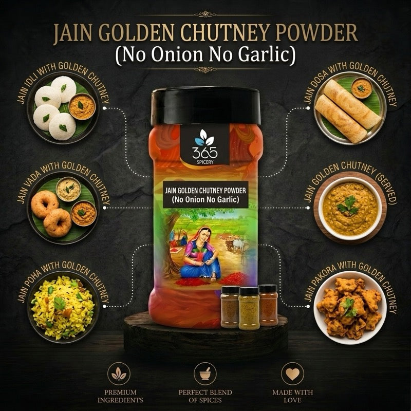 Jain Golden Chutney Powder | No Onion No Garlic | Jain-Friendly | No Artificial Flavours | Mild Dip | 365 Spicery