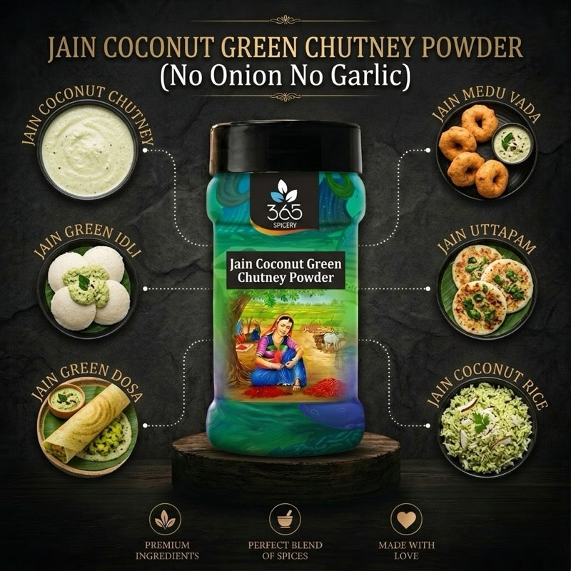 Jain Coconut Green Chutney Powder | No Onion No Garlic | Jain-Friendly | No MSG | Idli Dosa Dip | 365 Spicery