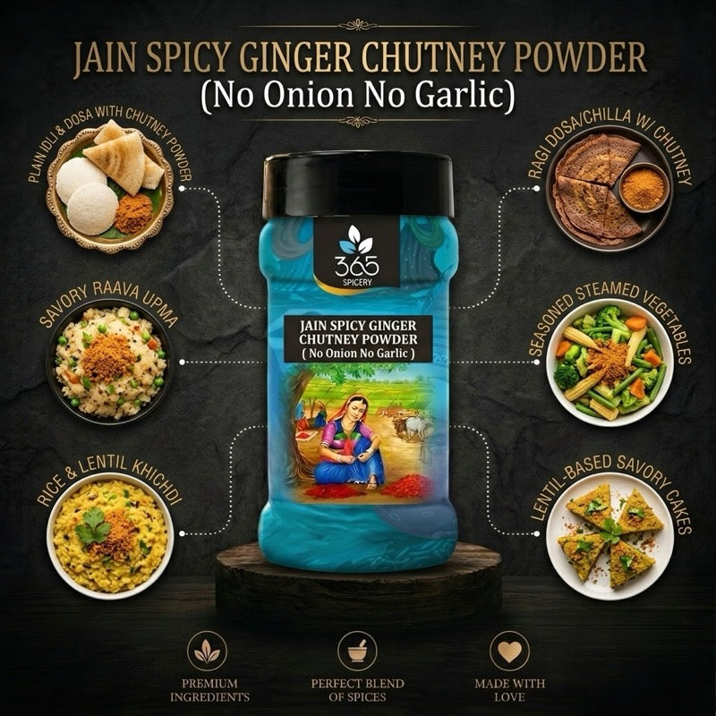 Jain Spicy Ginger Chutney Powder | No Onion No Garlic | Jain-Friendly | Vegan | Premium Quality Blend | 365 Spicery
