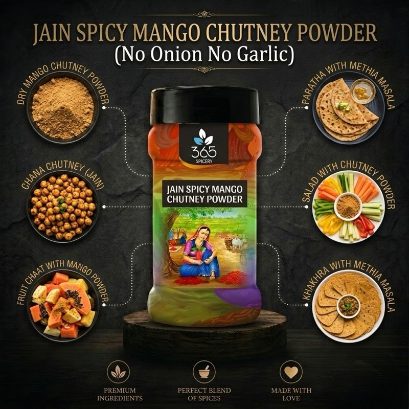 Jain Spicy Mango Chutney Powder | No Onion No Garlic | Jain-Friendly | Tangy & Vegan | Perfect for Rice | 365 Spicery