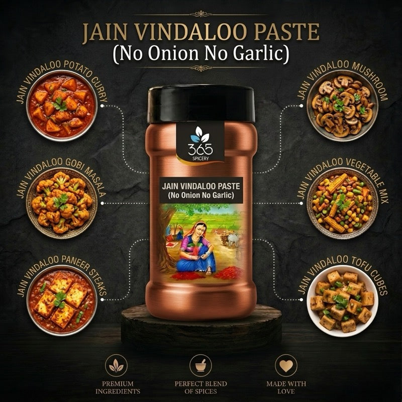 Jain Vindaloo Paste | No Onion No Garlic | Jain-Friendly | Tangy Spicy Gravy Base | No Flavours | 365 Spicery