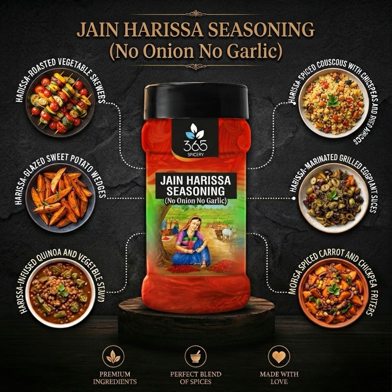 Jain Harissa Seasoning | No Onion No Garlic | Spicy North African Rub | Vegan | Natural | 365 Spicery