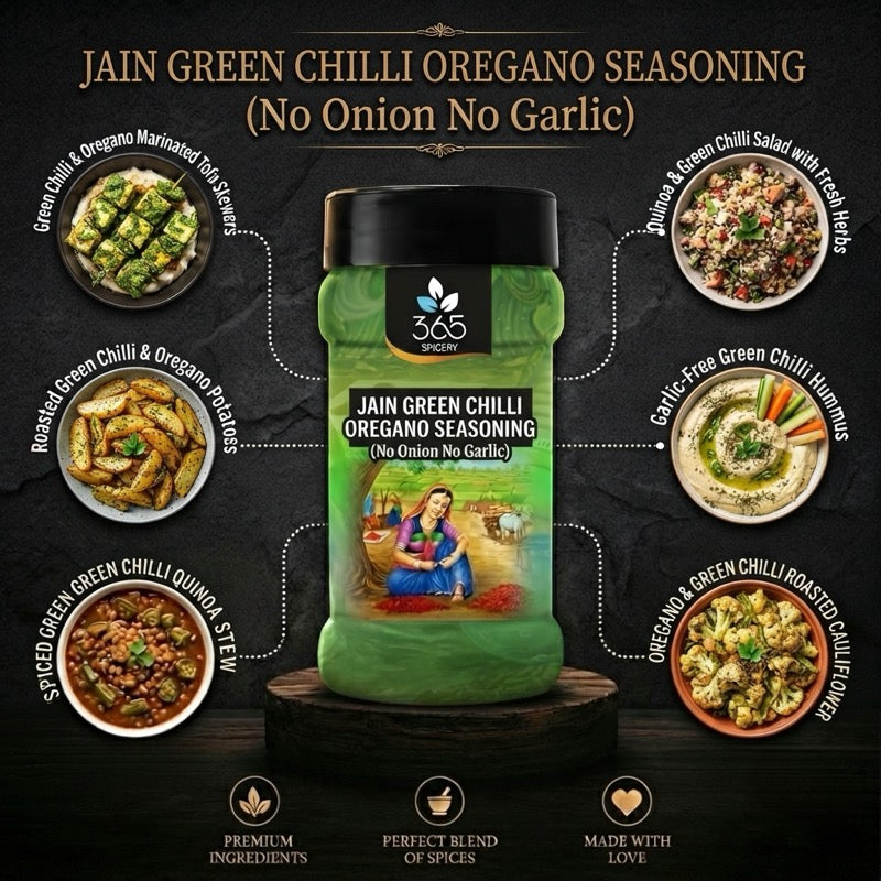 Jain Green Chilli Oregano Seasoning | No Onion No Garlic | Jain-Friendly | Vegan | Herbaceous Fries | 365 Spicery