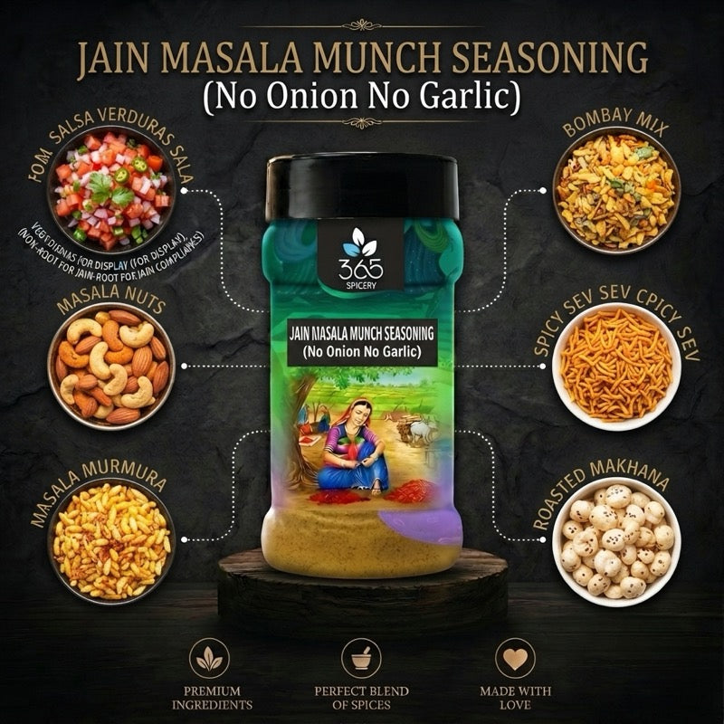 Jain Masala Munch Seasoning | Classic Indian Snack Mix | No Onion No Garlic | Jain-Friendly | 365 Spicery