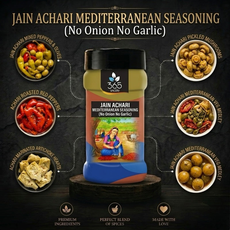 Jain Achari Mediterranean Seasoning | Tangy Fusion Blend | No Onion No Garlic | Jain-Friendly | 365 Spicery