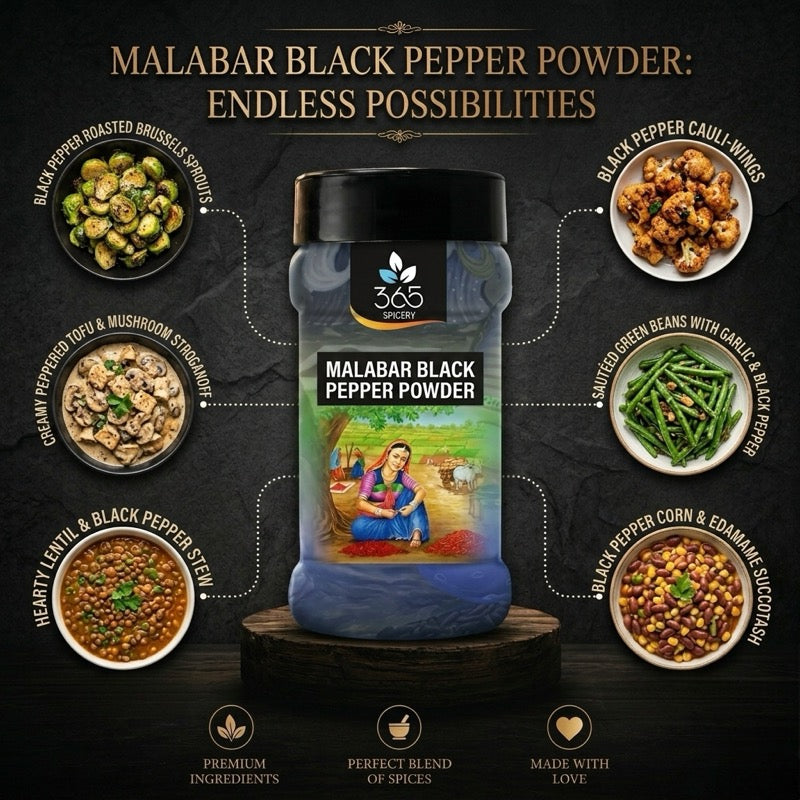 Malabar Black Pepper Powder | Bold Spicy Heat | Premium Quality | Natural Ingredients | 365 Spicery