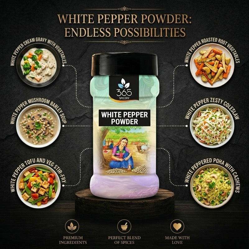 White Pepper Powder | Mild Heat Seasoning | Premium Quality | No Artificial Colours | Vegan | 365 Spicery