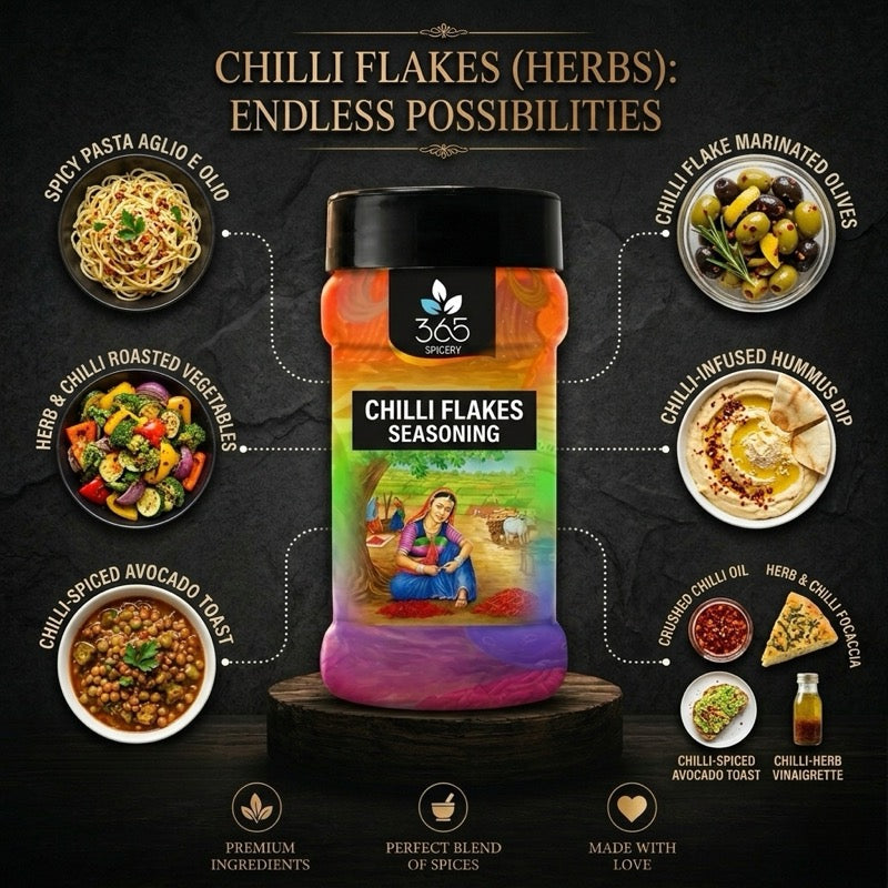Chilli Flakes | Premium Spicy Herb Seasoning | Ideal for Pizza & Pasta | No Artificial Flavours | Vegan | 365 Spicery